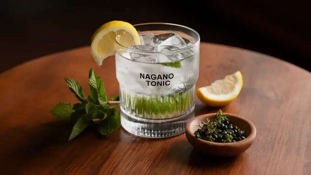 Glass of Nagano tonic with lemon, mint, ice, and juniper berries on a wooden table.